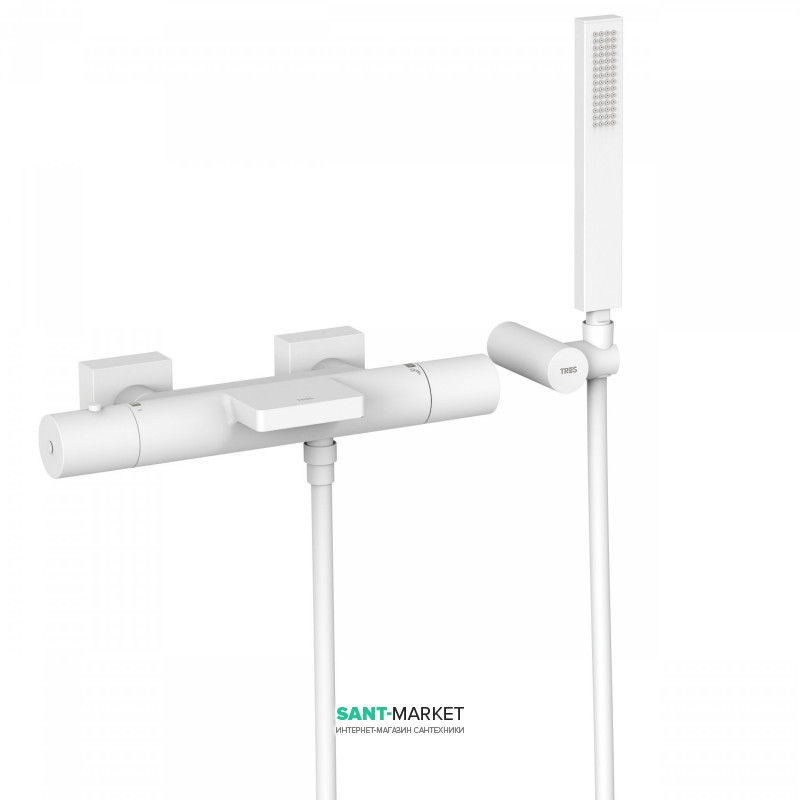 Термостатический смеситель для ванны Tres Project colors двухвентильный с каскадным изливом белый матовый 21117409BM