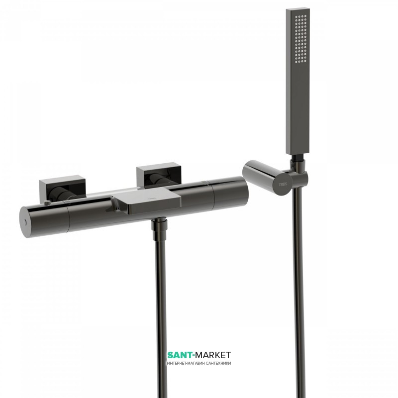 Термостатический смеситель для ванны Tres Project colors двухвентильный с каскадным изливом черный металл 21117409KM