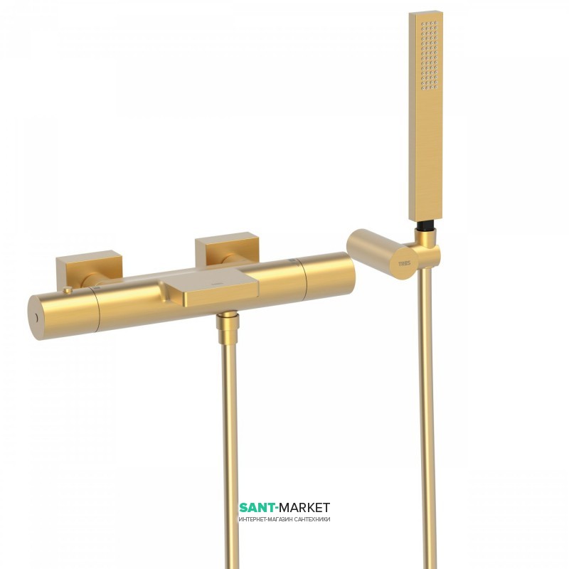 Термостатичний змішувач для ванни Tres Project colors двовентильний з каскадним виливом золото матовий 21117409OM