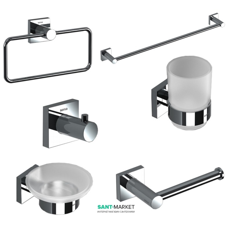 Комплект аксесуарів 6 в 1 Sonia Line для ванної кімнати матове скло/латунь хром 179640