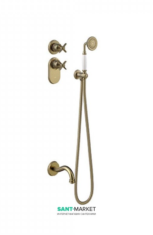 Душова система прихованого монтажу Tres Tres-Сlasic з термостатом ручним душем і виливом для ванни зістарена латунь 24235201LV