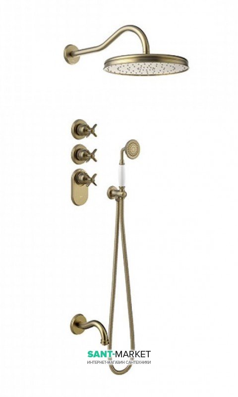Душевая система скрытого монтажа Tres Tres-Сlasic с термостатом верхним и ручным душем состаренная латунь 24235301LV