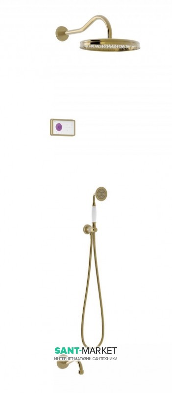 Электронная душевая система скрытого монтажа Tres Tres-Сlasic с термостатом и изливом для ванны состаренная латунь/белый 09226301LV