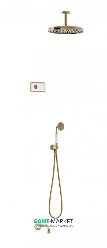 Электронная душевая система скрытого монтажа Tres Tres-Сlasic с термостатом и изливом для ванны состаренная латунь/белый 09226302LV