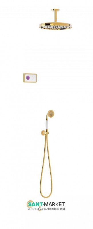 Электронная душевая система скрытого монтажа Tres Tres-Сlasic с термостатом и изливом для ванны золото/белый 09226302OR