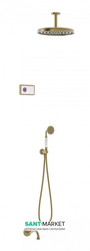 Электронная душевая система скрытого монтажа Tres Tres-Сlasic с термостатом и изливом для ванны состаренная латунь матовая/белый 09226302LM