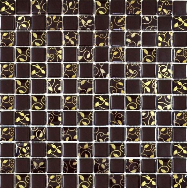 Мозаика Grand Kerama шахматка 30х30 см шоколад/завиток золото 808 052310