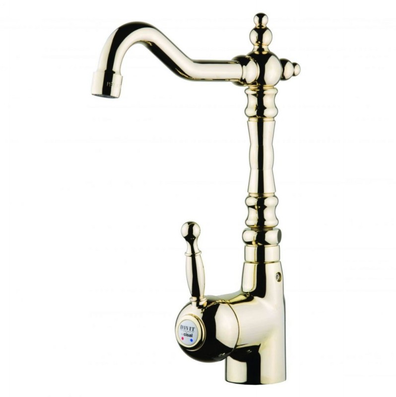 Смеситель для раковины Devit Charlestone высокий однорычажный с донным клапаном золото CN60050037G