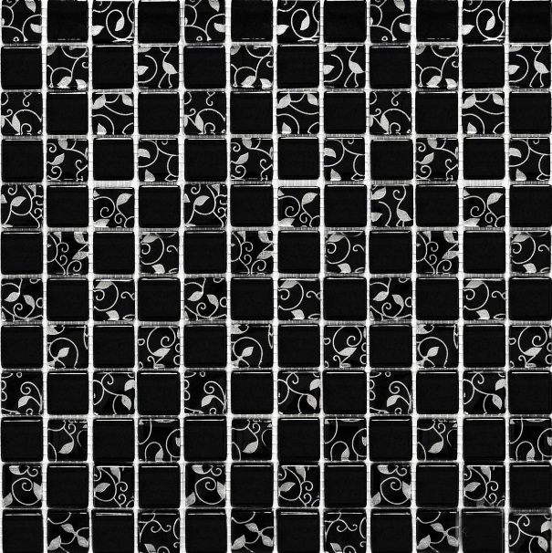 Мозаика Grand Kerama шахматка 30х30 см черный/завиток платина 807 052305