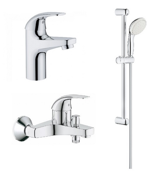 Набор смесителей для ванной Grohe Bau Curve 3 в 1 с душевым гарнитуром хром UA122217S0