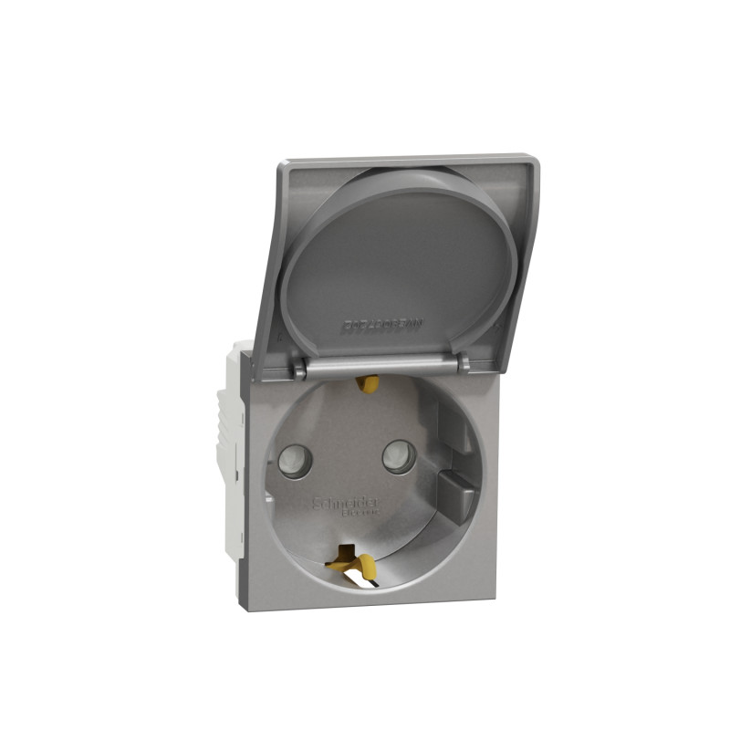 Розетка Schneider Electric Unica New 2 модуля із заземленням шторками та кришкою алюміній NU303730TA