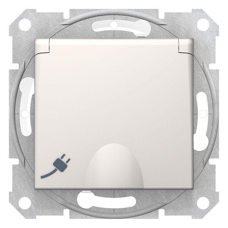 Розетка Schneider Electric Sedna IP44 з самозатискними клемами із заземленням шторками та кришкою слонова кістка SDN3100523