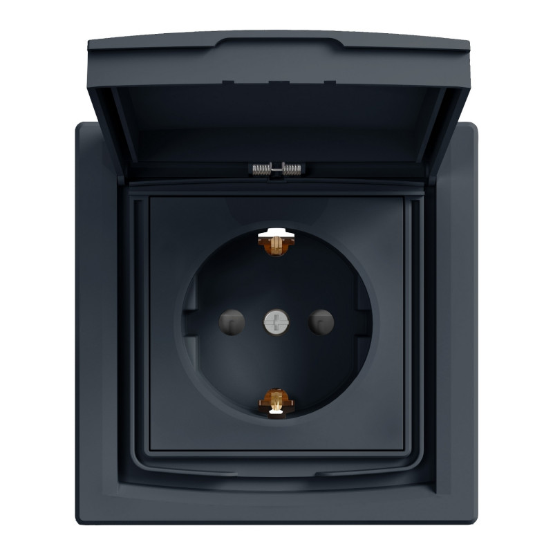 Розетка Schneider Electric Asfora с заземлением шторками и крышкой IP44 антрацит EPH3100371