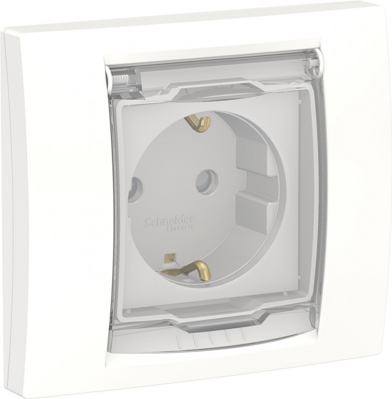 Розетка Schneider Electric Unica New с заземлением шторками и прозрачной крышкой белый NU003718