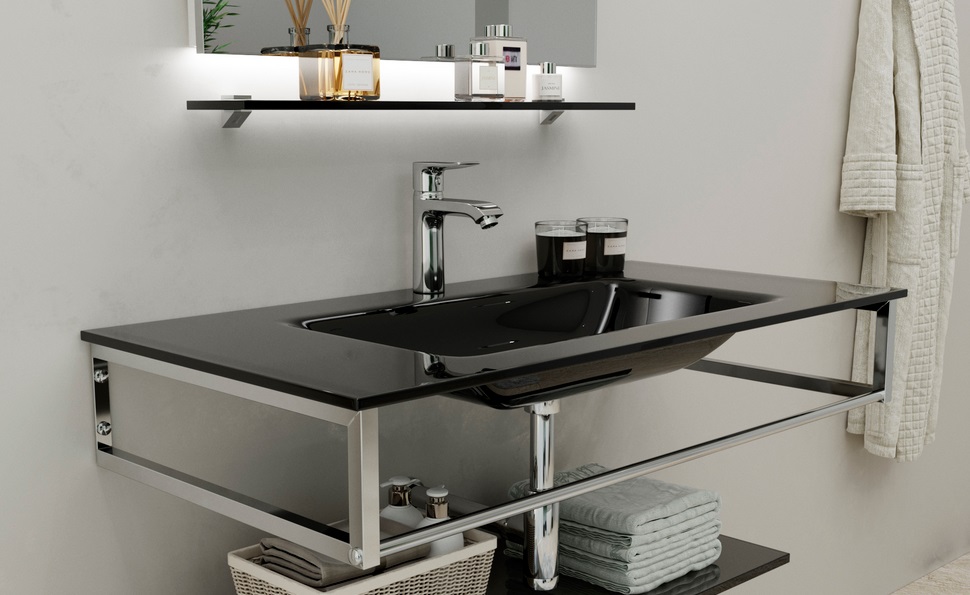 Консоль с раковиной Marsan Quadro 110х50 см нержавеющая сталь/стекло черный Quadro3-110х50black