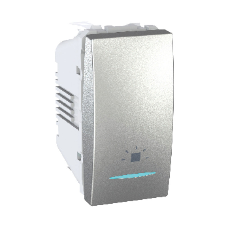 Вимикач Schneider Electric Unica кнопковий 10А з підсвічуванням та символом Світло алюміній MGU3.106.30LN