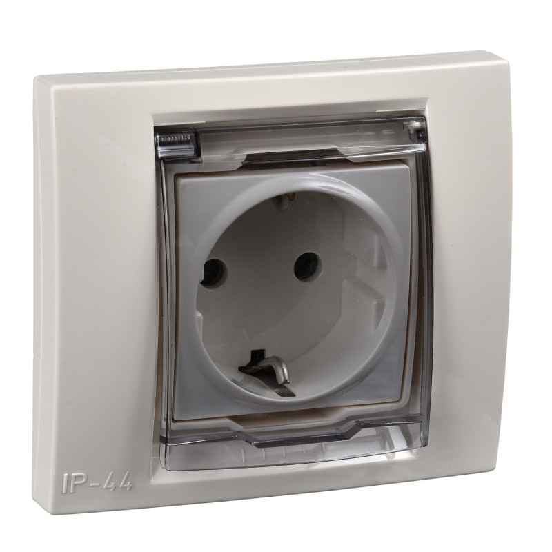 Розетка Schneider Electric Unica із заземленням шторками та кришкою IP44 слонова кістка MGU61.037.25