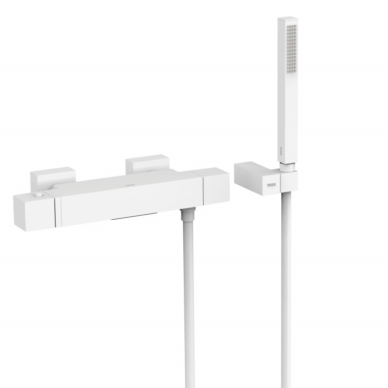 Термостатический смеситель для ванны и душа Tres Cuadro Exclusive с ручным душем белый матовый 007174039BM