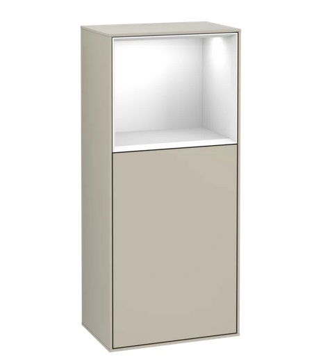 Шкафчик для ванной Villeroy & Boch Finion 41,8х93,6х27 см петли справа с подсветкой МДФ песок матовый лак/глянцевый белый лак F530GFHH