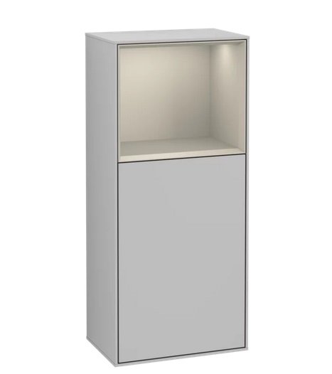 Шафка для ванної Villeroy & Boch Finion 41,8х93,6х27 см петлі праворуч з підсвічуванням МДФ світло-сірий матовий лак/пісок матовий лак F530HHGJ