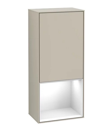 Шафка для ванної Villeroy & Boch Finion 41,8х93,6х27 см петлі зліва з підсвічуванням МДФ пісок матовий лак/глянсовий білий лак F540GFHH