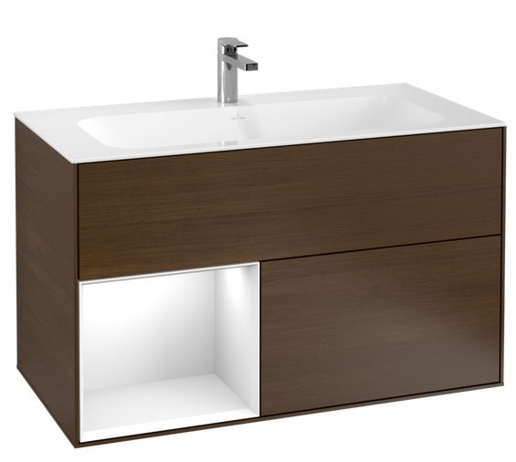 Тумба под раковину Villeroy & Boch Finion 99,6х49,8 см с подсветкой ДСП шпон грецкого ореха/глянцевый белый лак F030GFGN