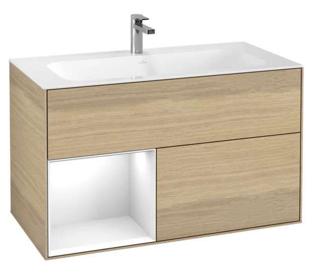 Тумба под раковину Villeroy & Boch Finion 99,6х49,8 см с подсветкой ДСП шпон дуба/глянцевый белый лак F030GFPC