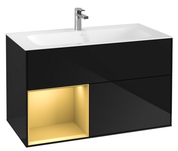 Тумба під раковину Villeroy & Boch Finion 99,6х49,8 см із підсвічуванням МДФ глянсовий чорний лак/золотий матовий лак F030HFPH