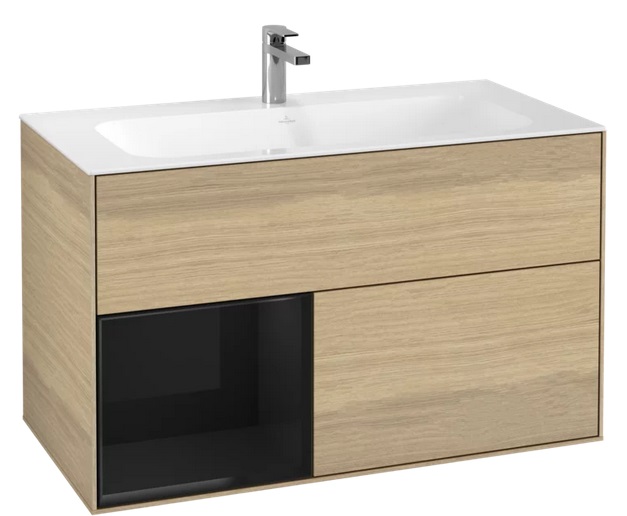 Тумба под раковину Villeroy & Boch Finion 99,6х49,8 см с подсветкой ДСП шпон дуба/глянцевый черный лак F030PHPC