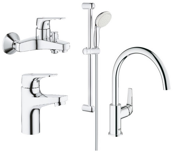 Комплект смесителей для ванной и кухни Grohe BauFlow 4 в 1 с душевым набором хром 121640K