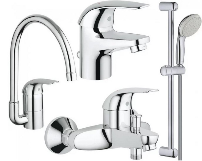 Комплект змішувачів для ванної та кухні Grohe Euroeco 4 в 1 з душовим набором хром 123242K
