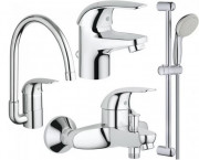 Комплект змішувачів для ванної та кухні Grohe Euroeco 4 в 1 з душовим набором хром 123242K