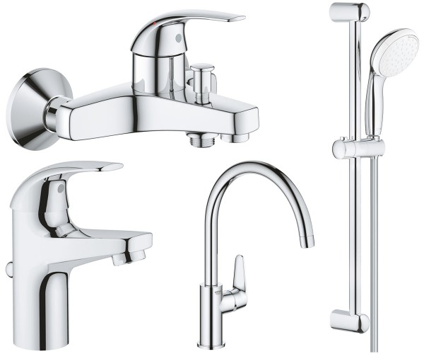Комплект змішувачів для ванної та кухні Grohe BauCurve 4 в 1 з душовим набором хром UA122218K0