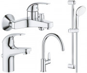 Комплект смесителей для ванной и кухни Grohe BauCurve 4 в 1 с душевым набором хром UA122218K0
