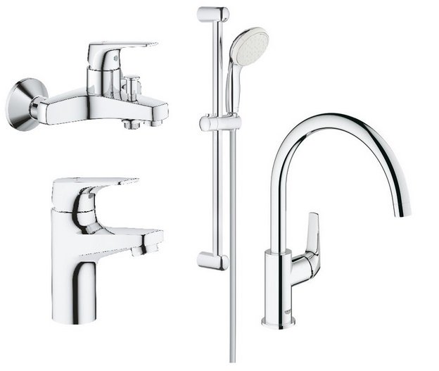 Комплект смесителей для ванной и кухни Grohe BauFlow 4 в 1 с душевым набором хром 121640K