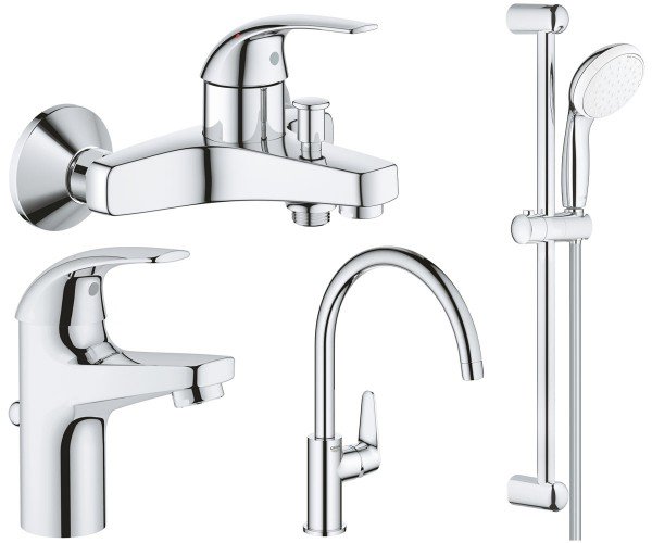 Комплект змішувачів для ванної та кухні Grohe BauCurve 4 в 1 з душовим набором хром UA122218K0