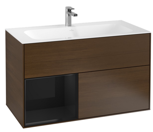 Тумба под раковину Villeroy & Boch Finion 99,6х49,8 см с подсветкой ДСП шпон грецкого ореха/глянцевый черный лак G030PHGN