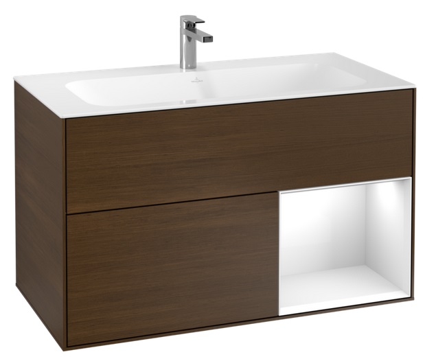 Тумба під раковину Villeroy & Boch Finion 99,6х49,8 см з підсвічуванням ДСП шпон волоського горіха/глянсовий білий лак F040GFGN