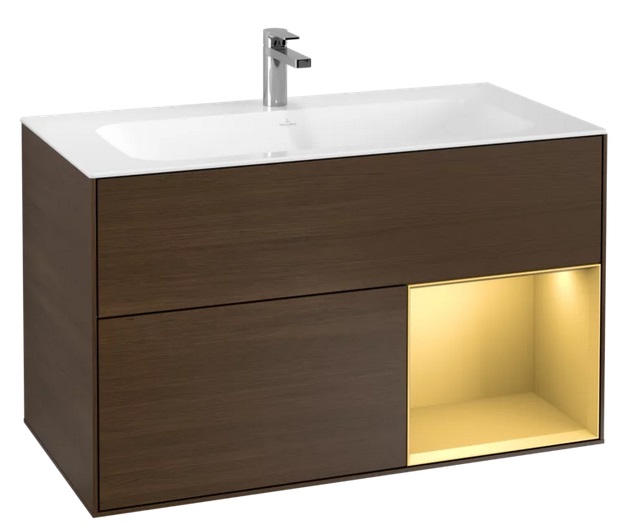 Тумба під раковину Villeroy & Boch Finion 99,6х49,8 см з підсвічуванням ДСП шпон волоського горіха/золотий матовий лак F040HFGN