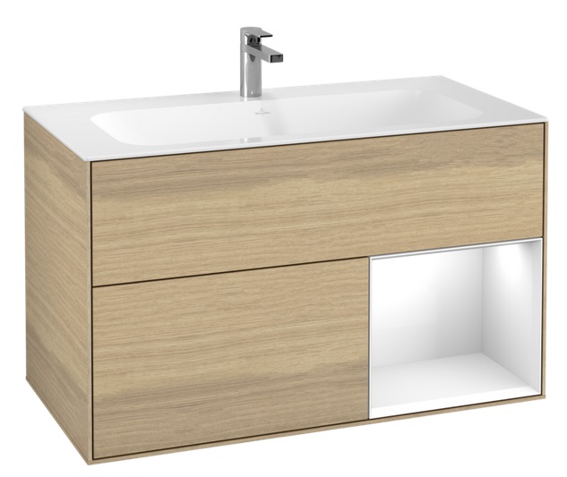 Тумба под раковину Villeroy & Boch Finion 99,6х49,8 см с подсветкой ДСП шпон дуба/глянцевый белый лак F040GFPC