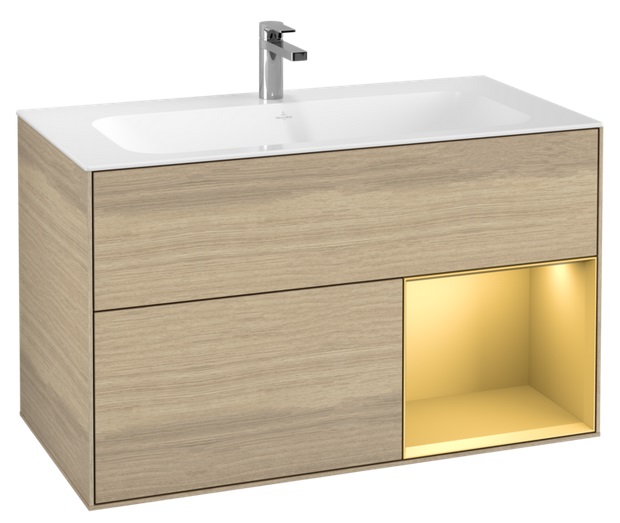 Тумба под раковину Villeroy & Boch Finion 99,6х49,8 см с подсветкой ДСП шпон дуба/золотой матовый лак F040HFPC