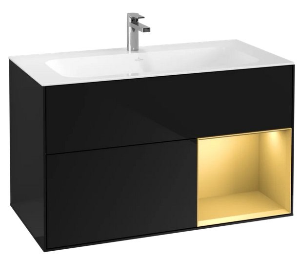 Тумба под раковину Villeroy & Boch Finion 99,6х49,8 см с подсветкой МДФ глянцевый черный лак/золотой матовый лак F040HFPH