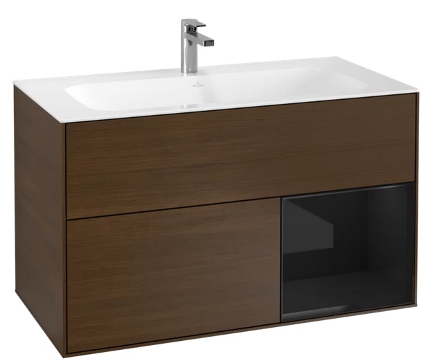 Тумба под раковину Villeroy & Boch Finion 99,6х49,8 см с подсветкой ДСП шпон грецкого ореха/глянцевый черный лак F040PHGN