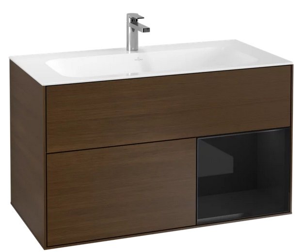 Тумба під раковину Villeroy & Boch Finion 99,6х49,8 см з підсвічуванням ДСП шпон волоського горіха/глянцевий чорний лак F040PHGN