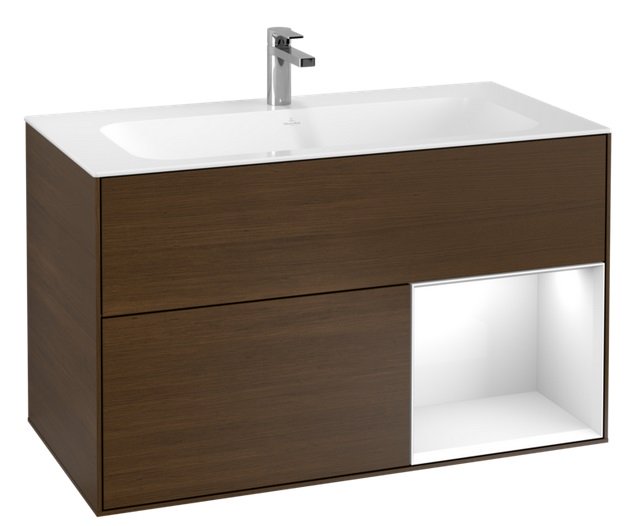 Тумба під раковину Villeroy & Boch Finion 99,6х49,8 см з підсвічуванням ДСП шпон волоського горіха/глянсовий білий лак G040GFGN