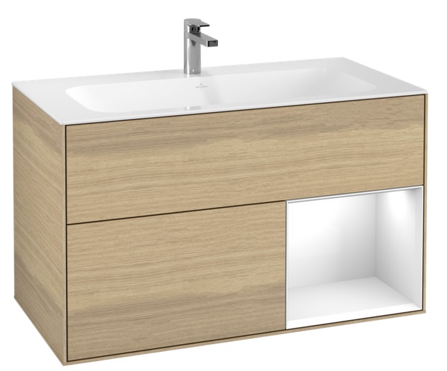 Тумба под раковину Villeroy & Boch Finion 99,6х49,8 см с подсветкой ДСП шпон дуба/глянцевый белый лак G040GFPC