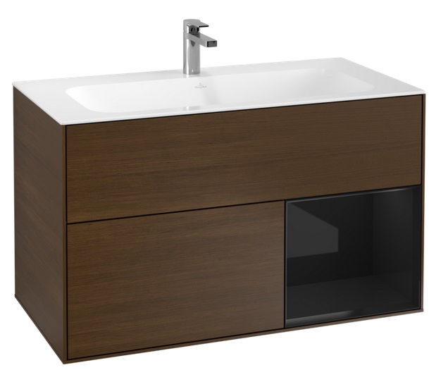 Тумба под раковину Villeroy & Boch Finion 99,6х49,8 см с подсветкой ДСП шпон грецкого ореха/глянцевый черный лак G040PHGN