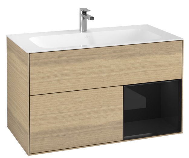 Тумба под раковину Villeroy & Boch Finion 99,6х49,8 см с подсветкой ДСП шпон дуба/глянцевый черный лак G040PHPC