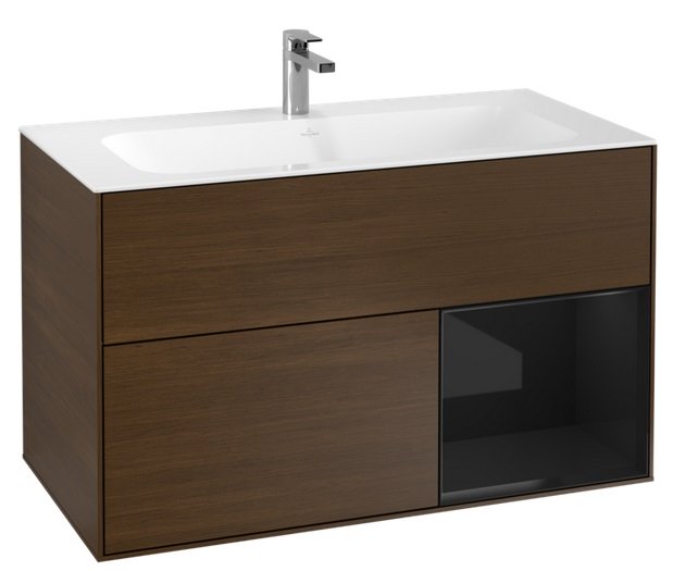 Тумба під раковину Villeroy & Boch Finion 99,6х49,8 см з підсвічуванням ДСП шпон волоського горіха/глянцевий чорний лак G040PHGN