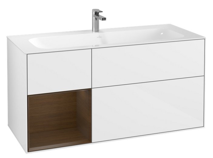 Тумба під раковину Villeroy & Boch Finion 119,6х49,8 см з підсвічуванням МДФ білий глянцевий лак/шпон волоського горіха G060GNGF